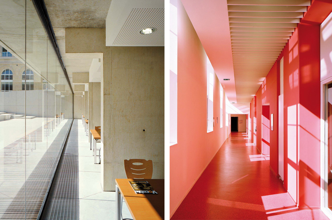 Vues de deux couloirs du lycée Libergier - Line Architecture